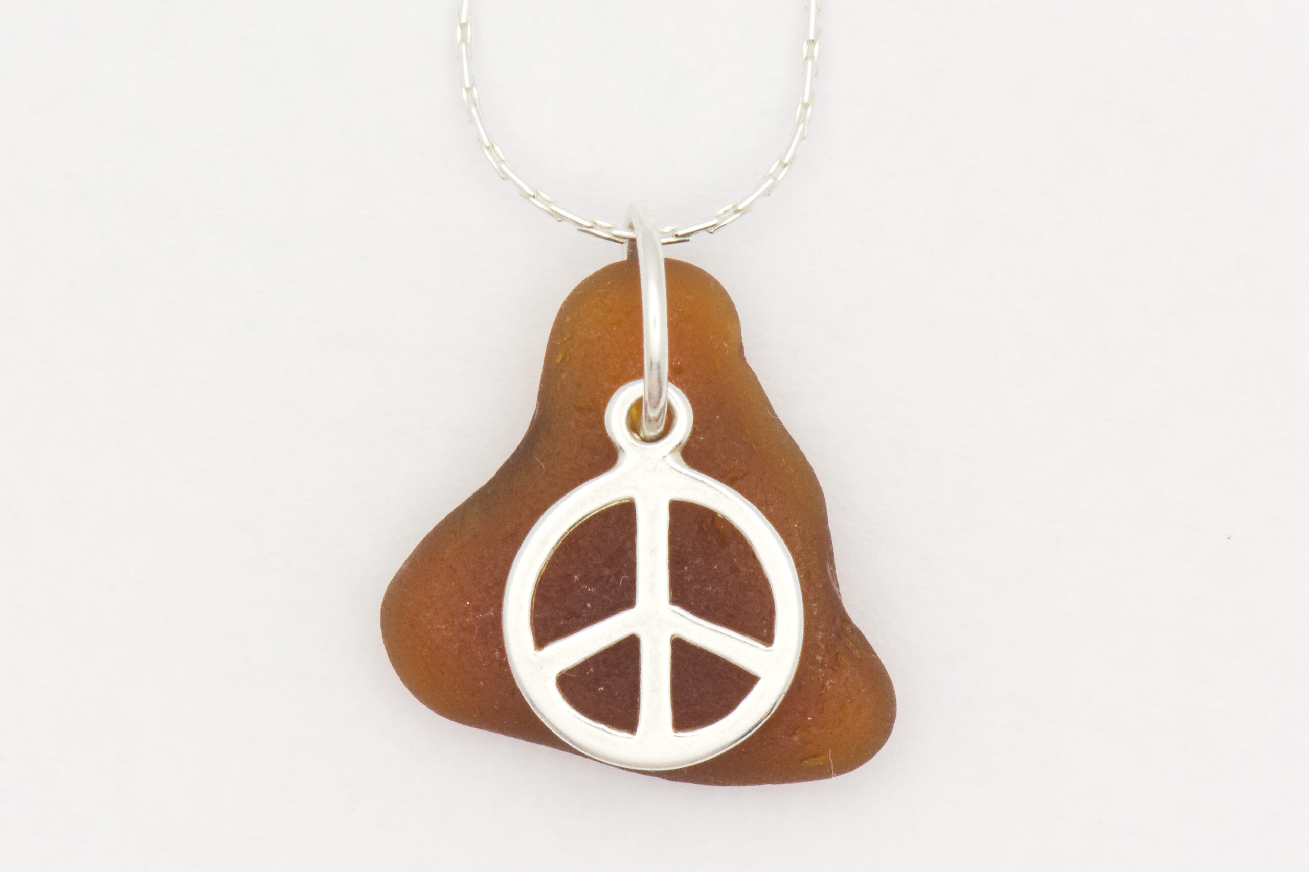 Peace Sign Brown Sea Glass Necklace