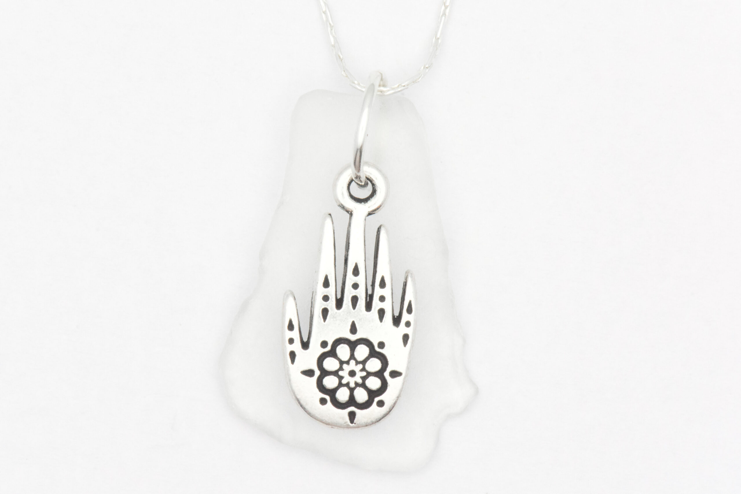 Hamsa Hand White Sea Glass Necklace