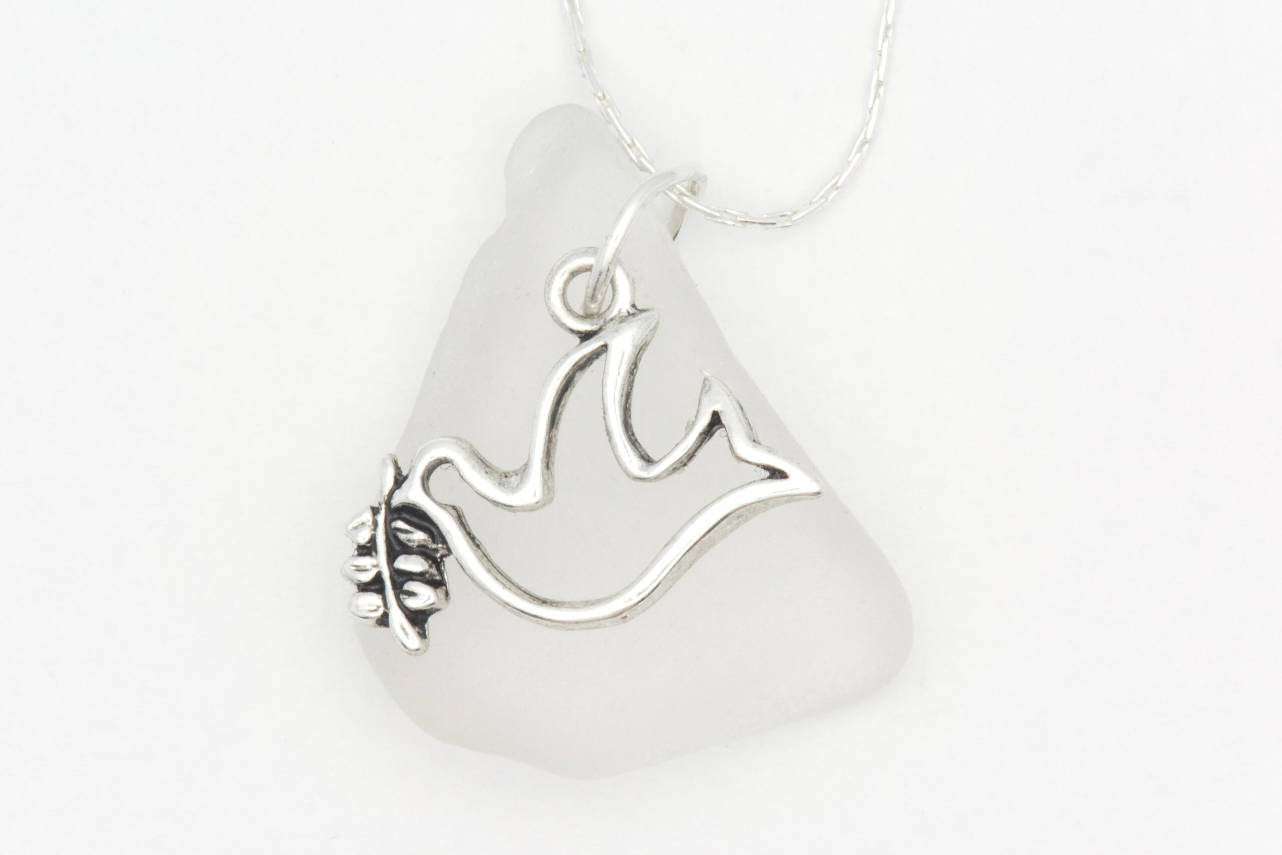 Peace Dove White Sea Glass Necklace