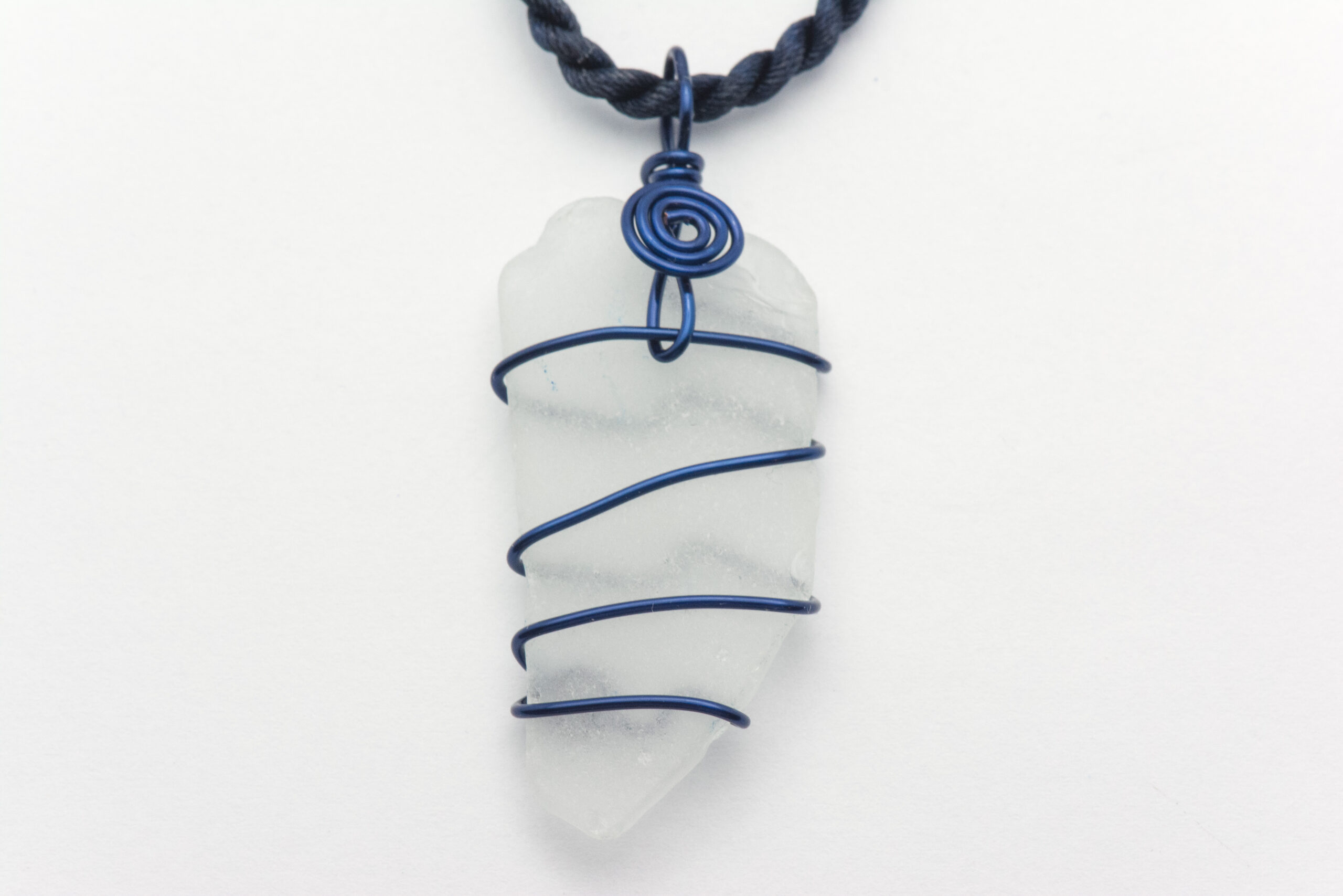 Blue Wire Wrapped White Sea Glass Necklace