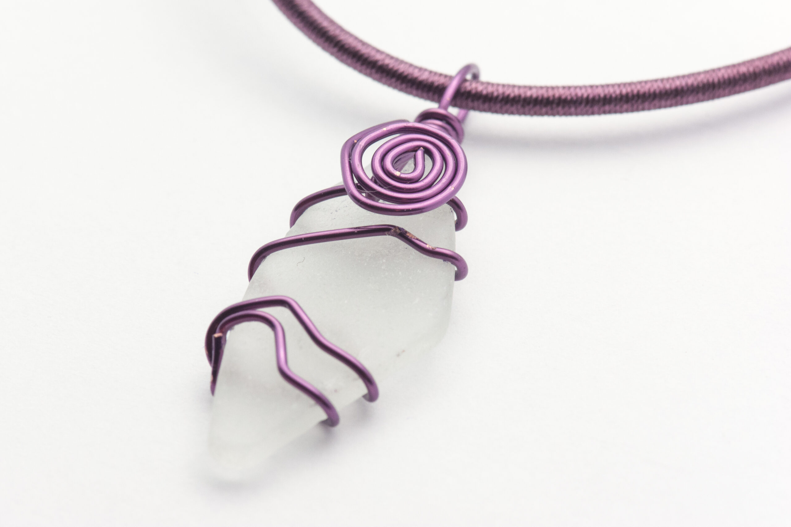 Purple Wire Wrapped White Sea Glass Necklace