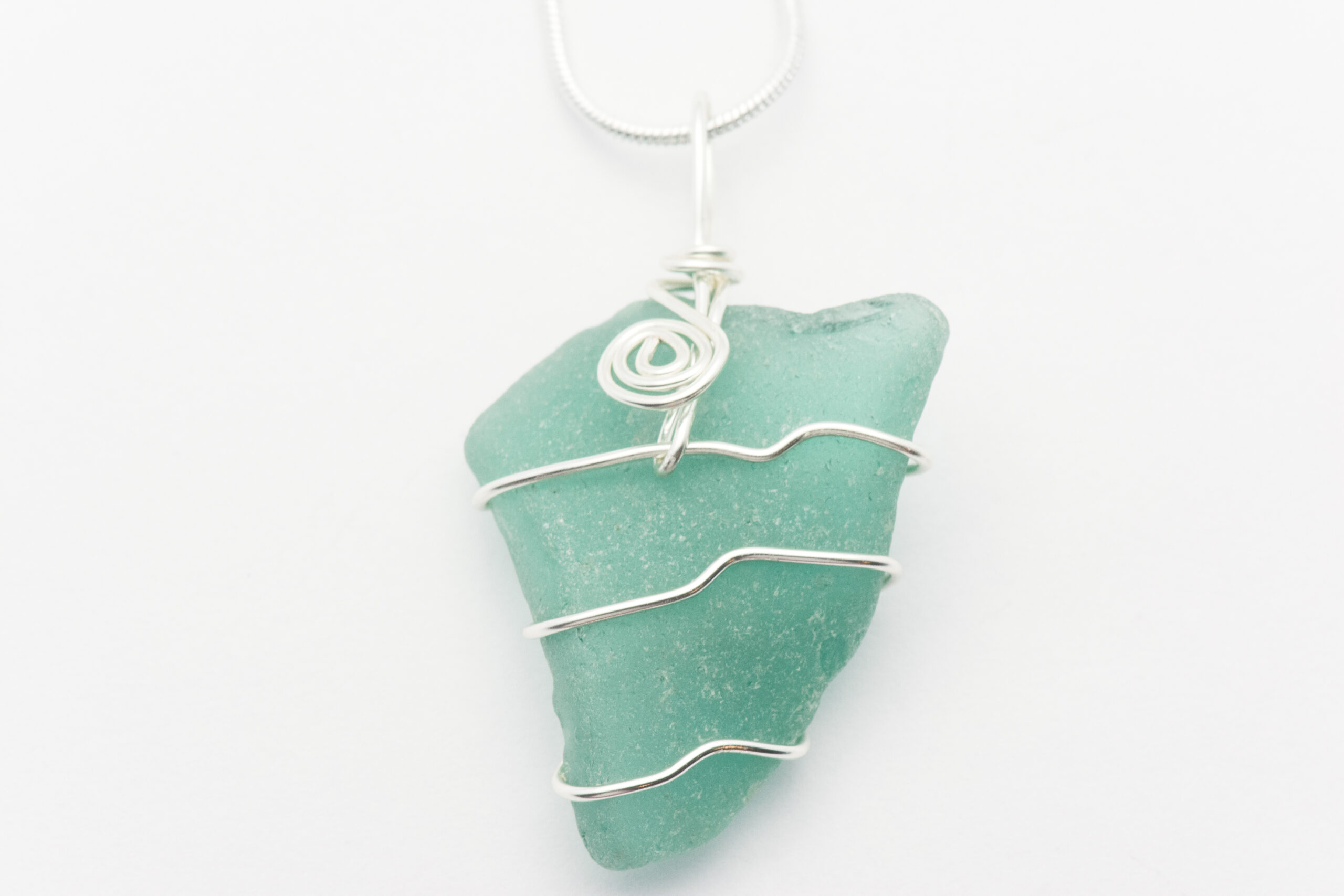 Wire Wrapped Teal Sea Glass Chunk Necklace