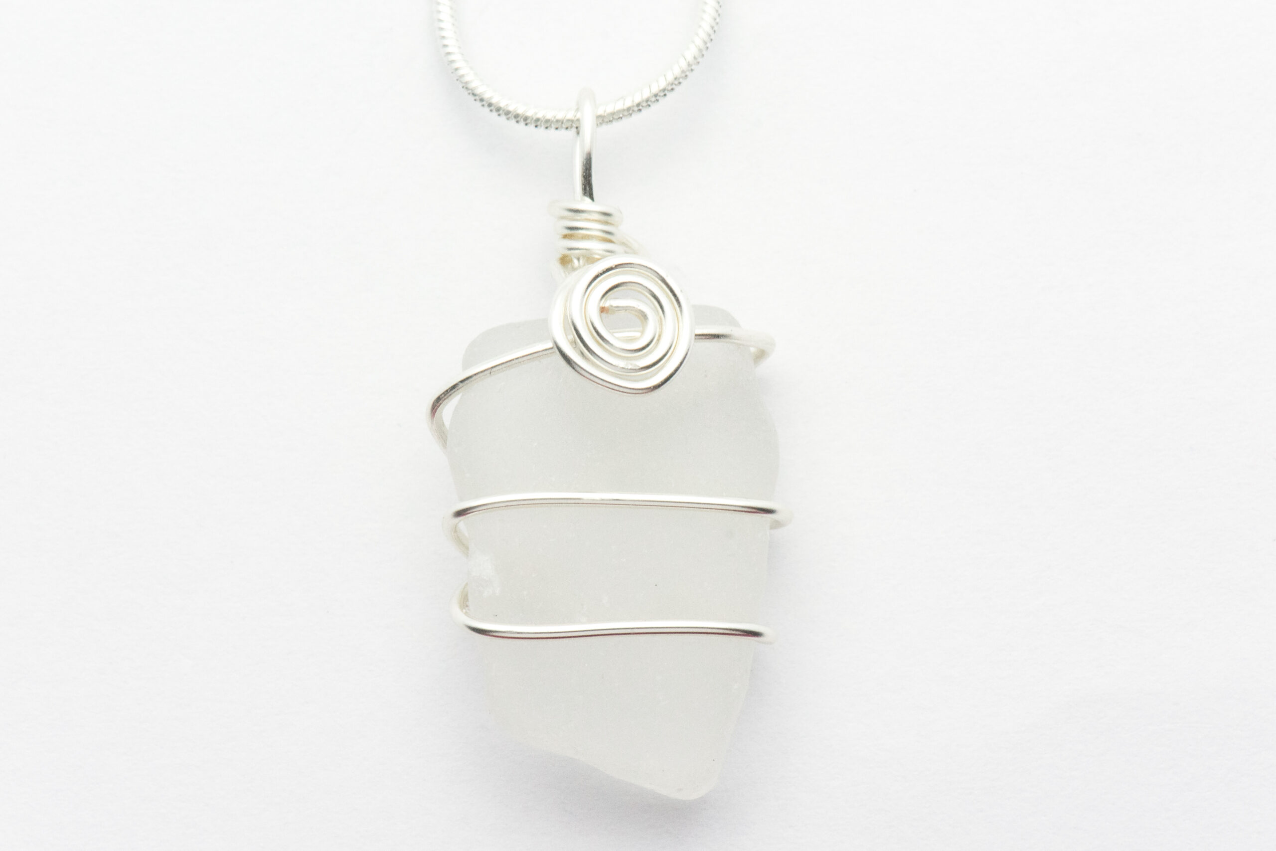 Wire Wrapped White Sea Glass Swirl Necklace