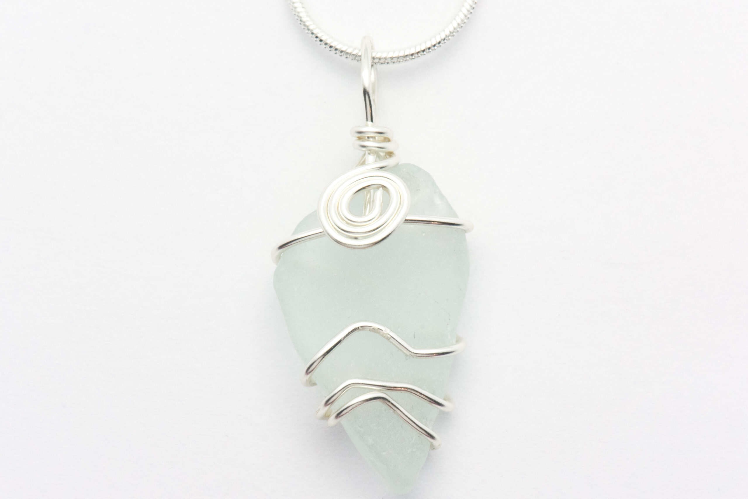 Wire Wrapped Light Blue Sea Glass Swirl Necklace