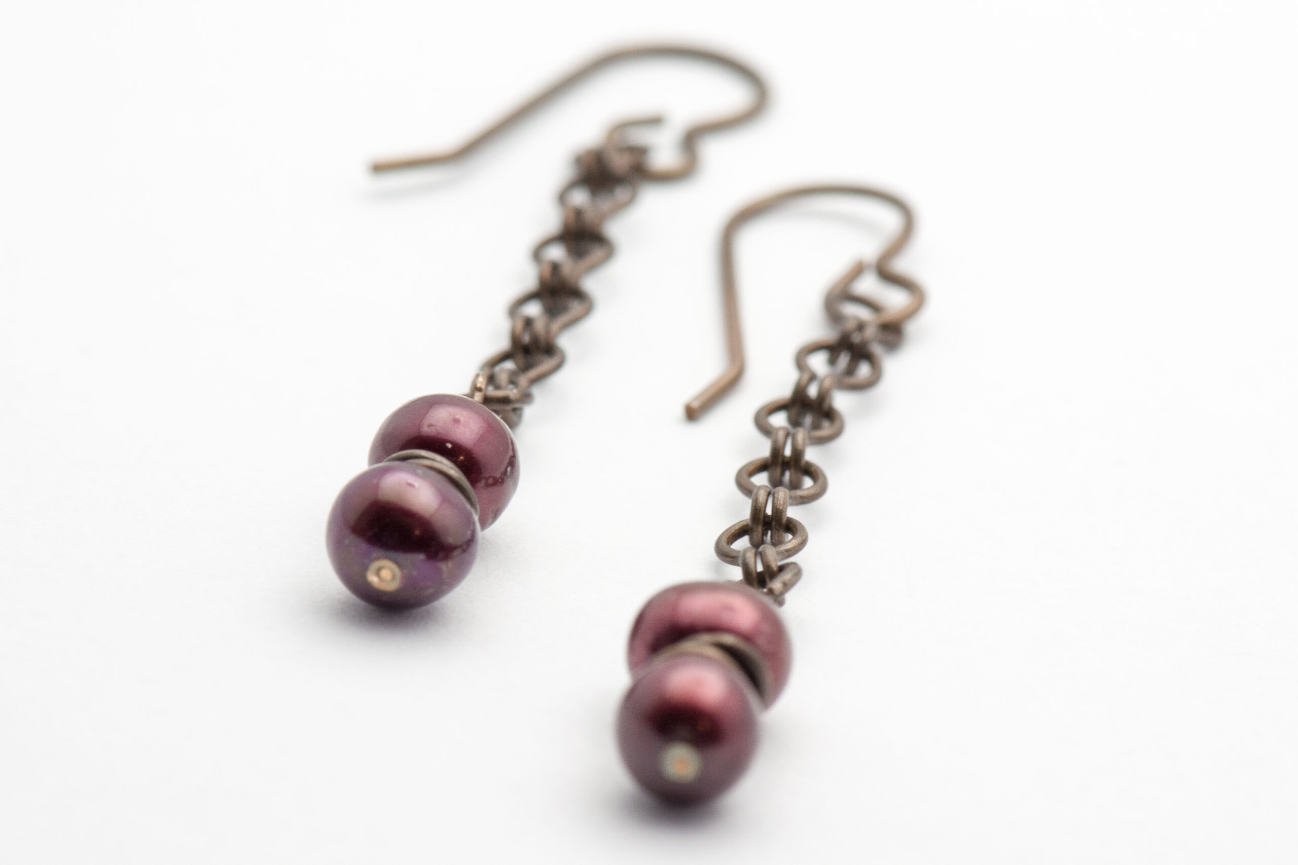 Cranberry Pearl Chain Natural Brass Earrings