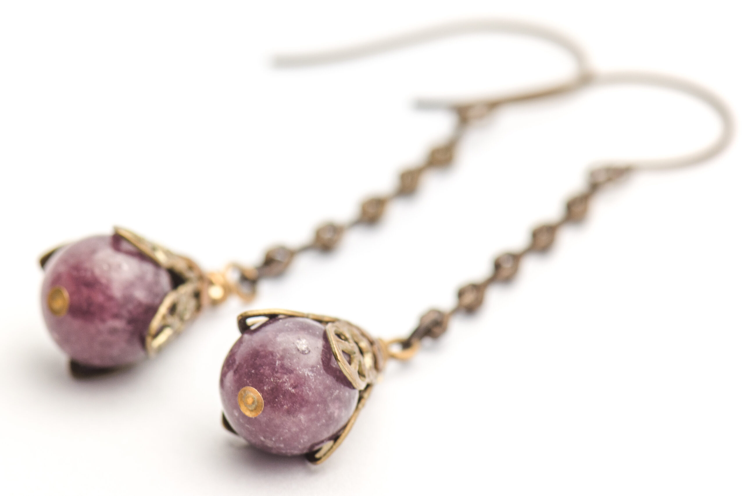 Purple Stone Chain Natural Brass Earrings