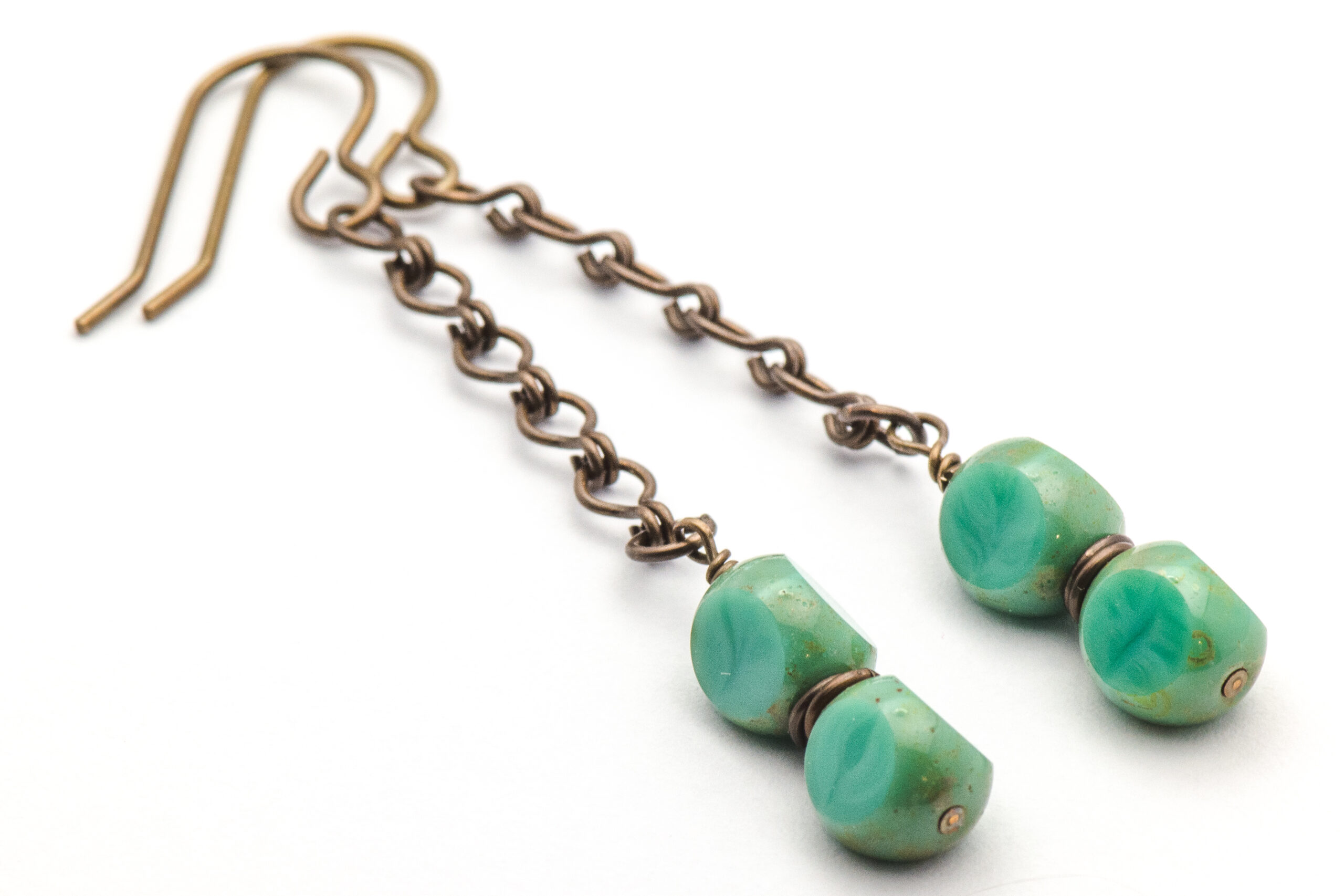 Aqua Glass Chain Natural Brass Earrings